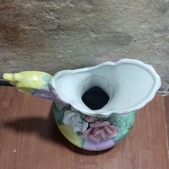 Vintage Floral Rose Pitcher Footed Vase With Handle - Picture 6 of 12